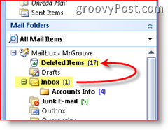 Captura de pantalla de Outlook 2007 que explica que los elementos eliminados se mueven a la carpeta de elementos eliminados