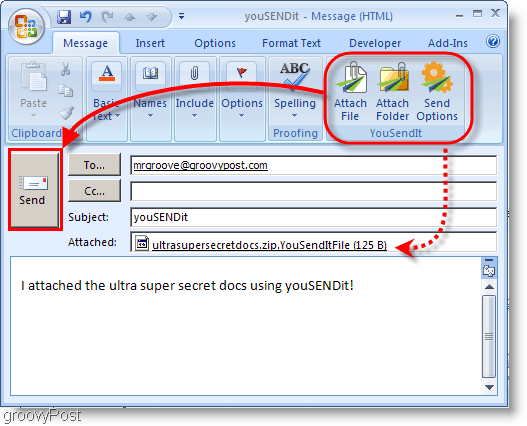 Botones YouSendIt en la cinta de Outlook 2007