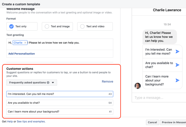 Cómo convertir a los visitantes del sitio web con anuncios de Facebook Messenger, paso 4, ejemplo de copia de acciones del cliente