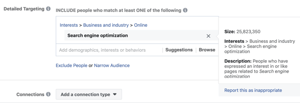 Ejemplo de segmentación estándar de Facebook para el interés Optimización del motor de búsqueda que da como resultado una audiencia demasiado grande, de 25 millones.