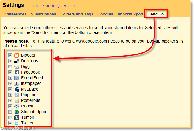 use la pestaña Enviar a en Google Reader para seleccionar qué sitios aparecen en su lista Enviar a