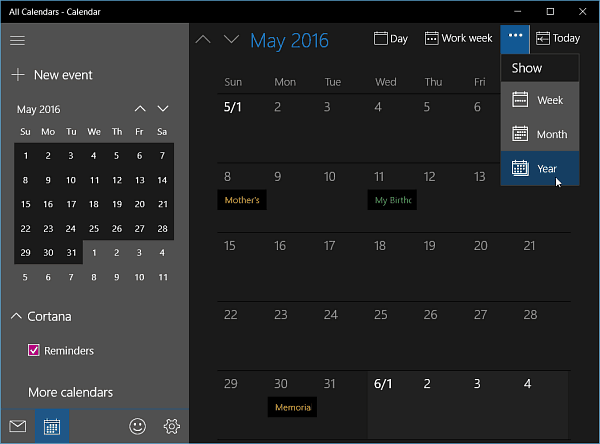 La aplicación Calendario para Windows 10 Insider Build 11099 obtiene vista anual