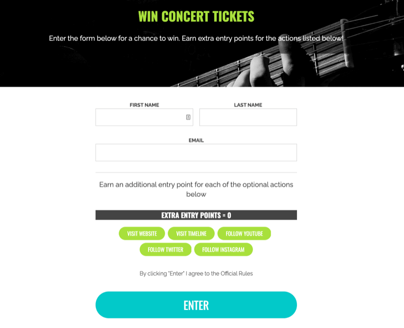 ejemplo de un sorteo para ganar entradas para conciertos con entradas adicionales que se ofrecen para acciones adicionales realizadas, como visitar el sitio web, seguir en YouTube, seguir en Twitter, etc.