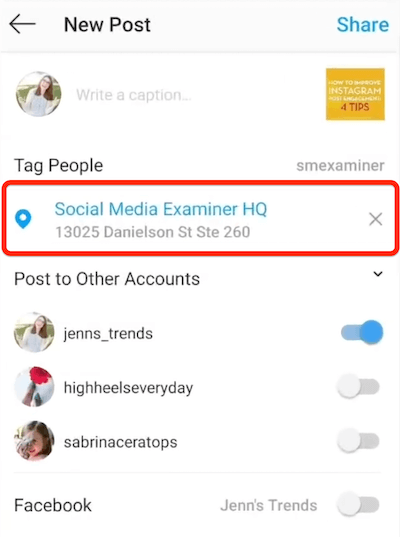 Opción de nueva publicación de Instagram que muestra una ubicación seleccionada para etiquetar