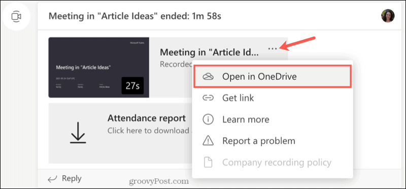 Grabación de canal abierta en OneDrive