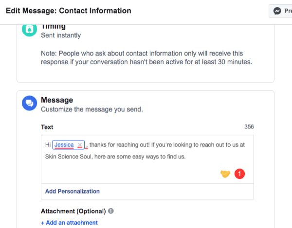 captura de pantalla de la interfaz de configuración para la respuesta automática de información de contacto de Facebook Messenger