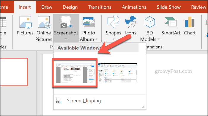Elegir una ventana de captura de pantalla en PowerPoint