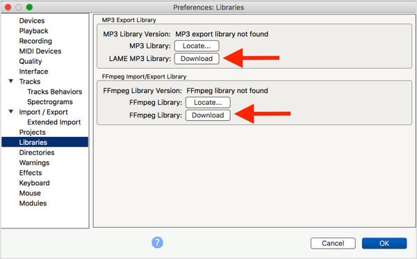 Instale el codificador MP3 LAME opcional y la biblioteca FFmpeg con Audacity.