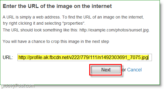 Captura de pantalla de Gravatar: ingrese la URL de la imagen