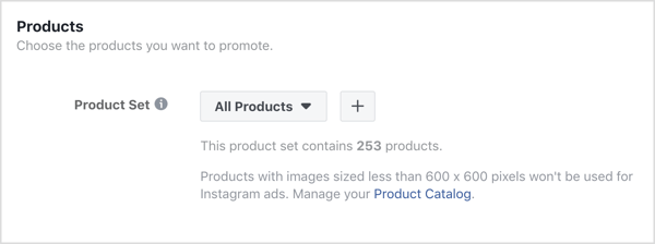 Haga clic en el signo + en la sección Productos en el nivel de anuncios de su campaña de Facebook.