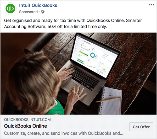 En este anuncio y página de destino de Intuit QuickBooks, observe que los tonos de color y la oferta son consistentes.