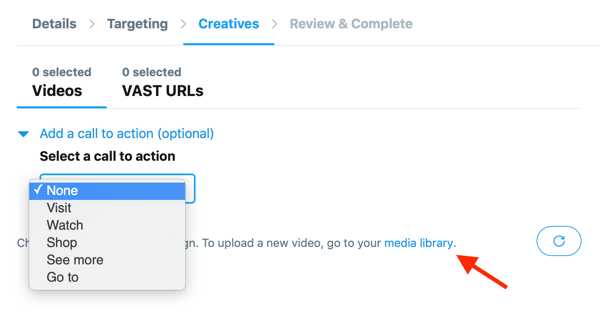 Opciones para establecer un llamado a la acción para su video alojado en Twitter para su anuncio de Twitter de vistas de video in-stream (pre-roll).