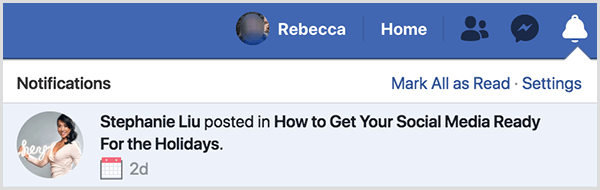 Esta es una captura de pantalla de una notificación de evento de Facebook de Stephanie Liu. La notificación dice "Stephanie Liu publicó en Cómo preparar sus redes sociales para las fiestas".
