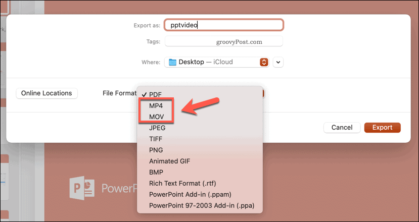 Seleccionar el formato de archivo de exportación en PowerPoint en Mac