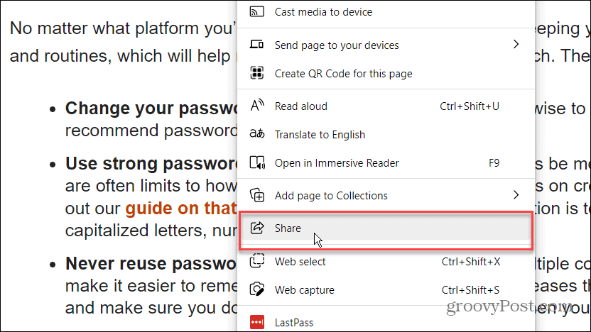 Compartir Opción Menú de Microsoft Edge