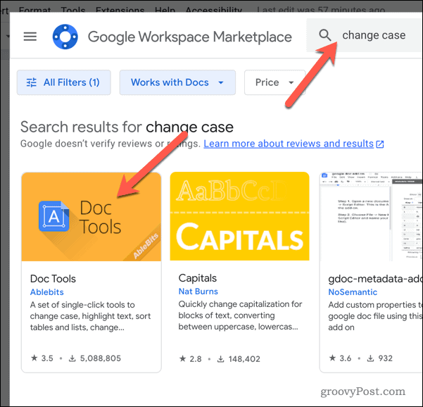 Instalación de un complemento de caso de cambio de texto en Google Docs