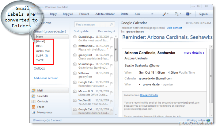 cliente de correo electrónico para Windows Live Mail, las etiquetas de Gmail se convierten en carpetas en Windows Live Mail