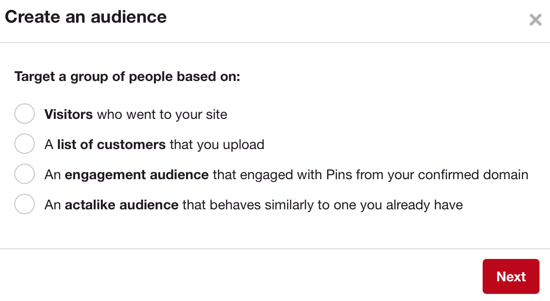 Las audiencias de Pinterest funcionan de manera similar a las audiencias personalizadas de Facebook.