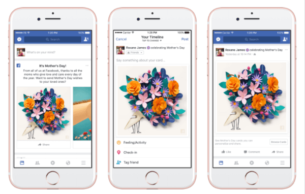 Facebook lanzó tarjetas personalizadas, máscaras y marcos temáticos en la Cámara de Facebook, y una reacción temporal de "Agradecimiento" en honor al Día de la Madre.