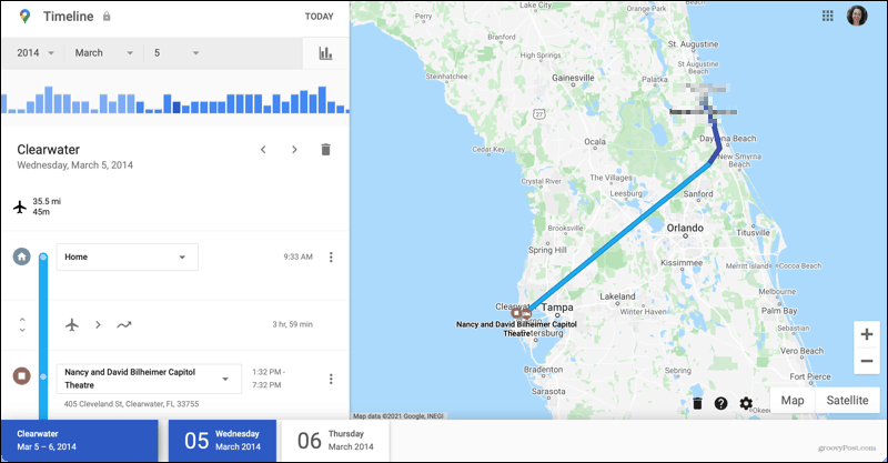 Detalles del viaje en la cronología de Google Maps