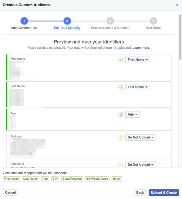 Asegúrese de que los campos que Facebook detecta en su archivo CSV estén correctamente asignados a categorías que Facebook entiende.