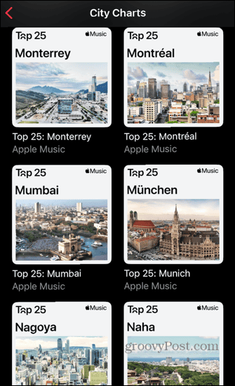 ciudades de Apple Music en las listas por nombre
