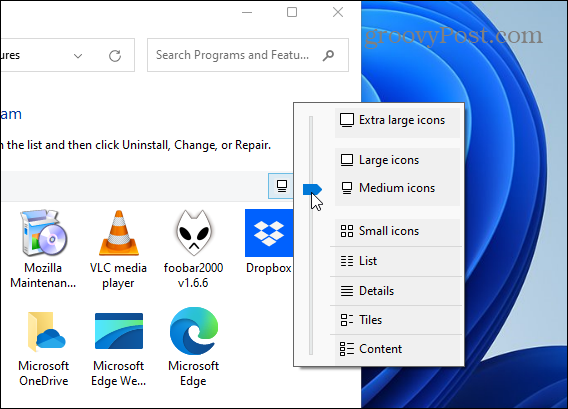 Cambiar el tamaño del icono de la aplicación panel de control Windows 11
