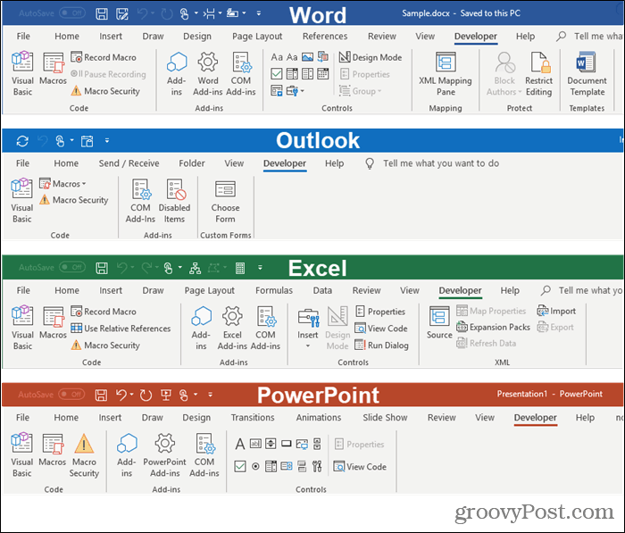 Fichas de desarrollador en programas de Microsoft Office