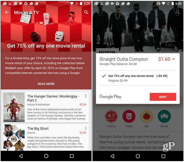 Google Play Movies ofrece un 75% de descuento en cualquier alquiler de películas