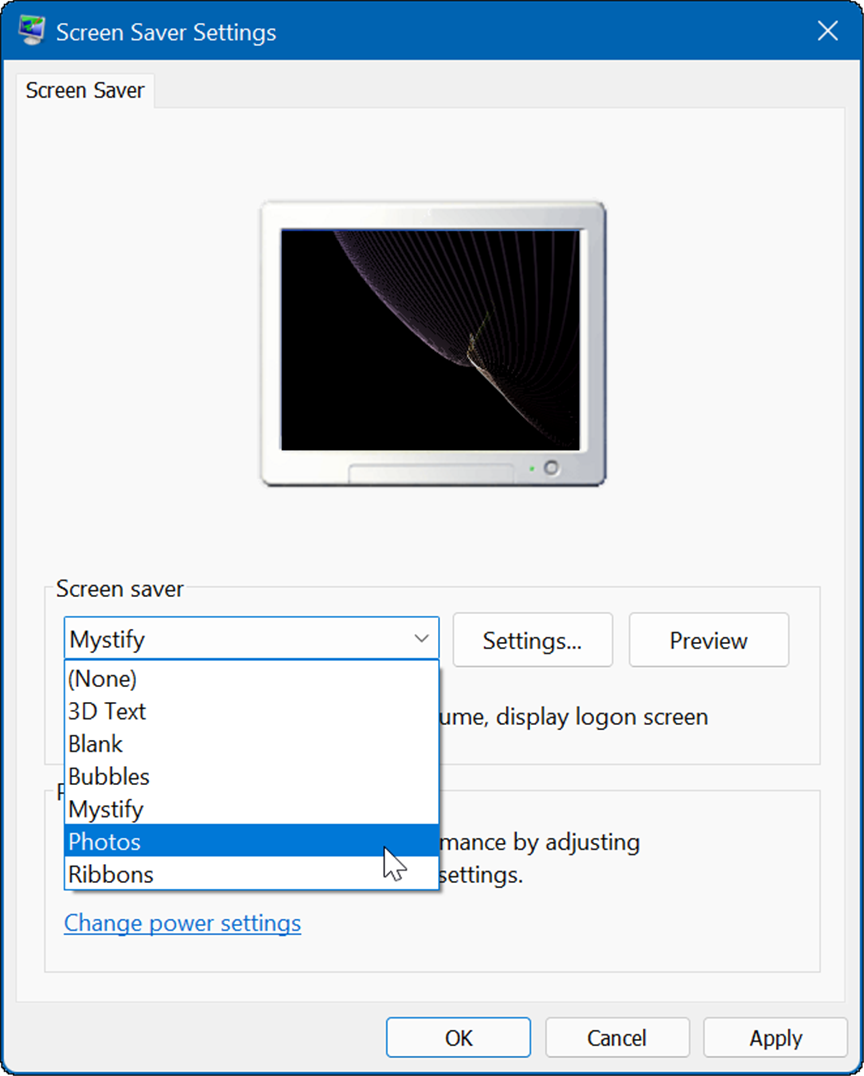 la configuración del protector de pantalla establece fotos como protector de pantalla en Windows