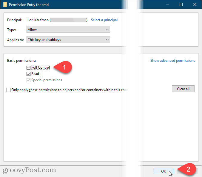 Verifique Control total y haga clic en Aceptar en el cuadro de diálogo Entrada de permiso en el Registro de Windows