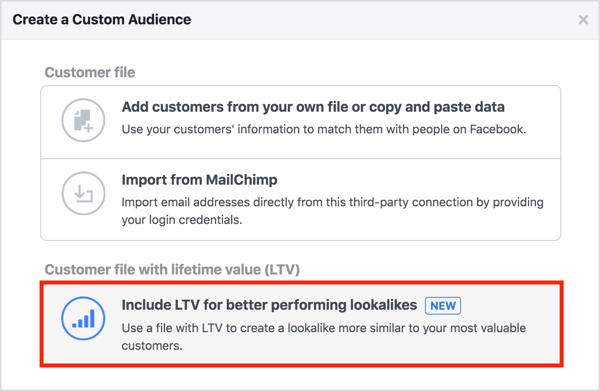Seleccione la opción Incluir LTV para un mejor rendimiento cuando cree una audiencia personalizada de su lista de clientes. 