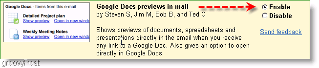 Las vistas previas de Google Docs se pueden habilitar en la configuración de Labs