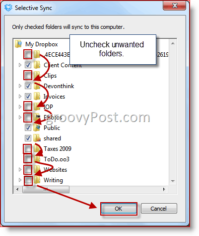 Selección de carpeta de Windows Selective Sync Dropbox