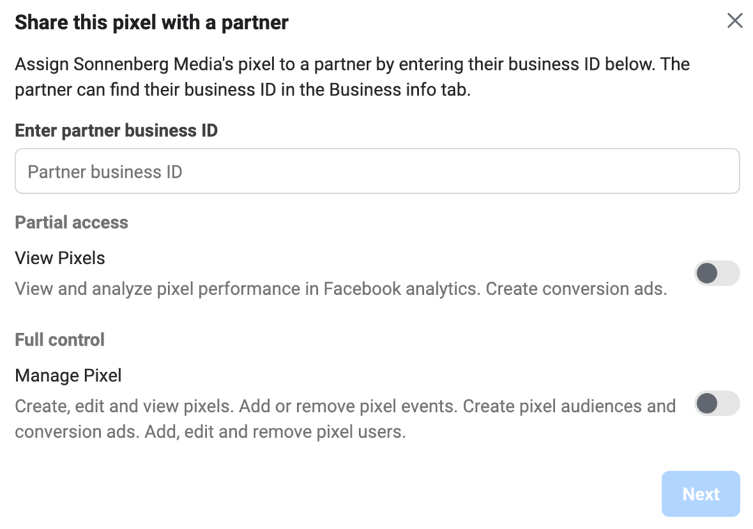 imagen de la pantalla Compartir este píxel con un socio en Meta Business Manager