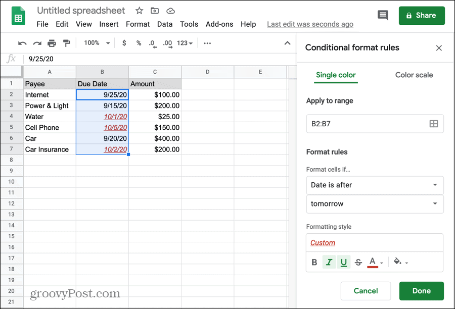 Formato condicional para fechas en Google Sheets