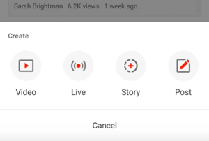 Botón Crear historia de YouTube.