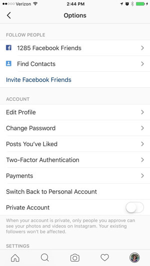 opciones de perfil de negocio de instagram