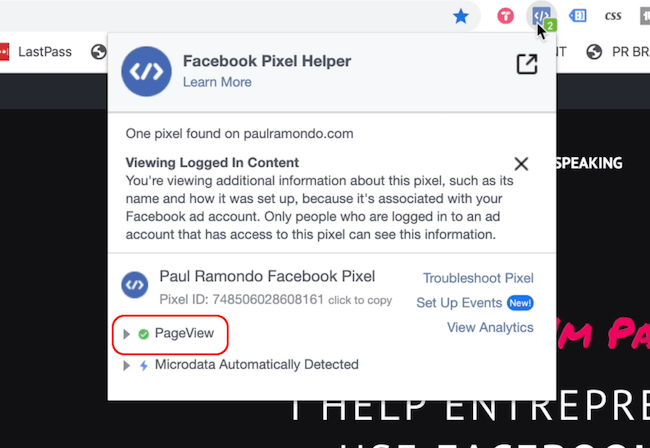 Asistente de píxeles de Facebook que muestra el evento Vista de página