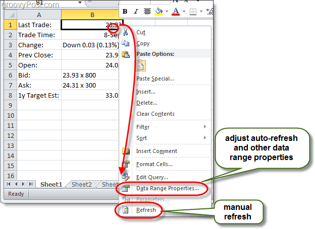 Actualización manual de datos en Excel 2010