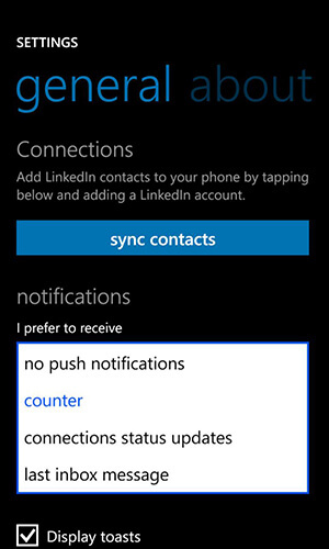 vinculado en la aplicación para las opciones de notificación de Windows Phone