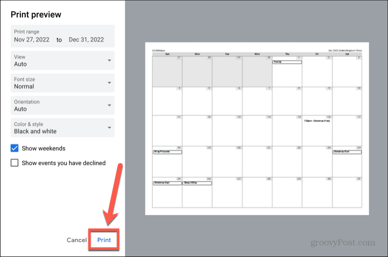 botón de impresión del calendario de google