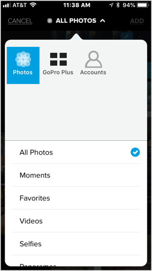 Toque el icono + y seleccione un video o cinco o más imágenes para importar a Quik.