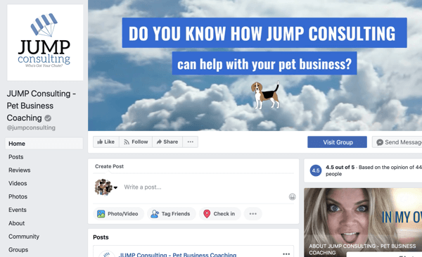 Cómo utilizar las funciones de Grupos de Facebook, ejemplo de página de Facebook para JUMP Consulting