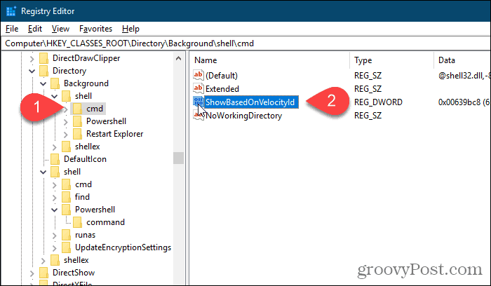 Cambiar el nombre del valor de cmd HideBasedOnVelocityId en el Editor del Registro de Windows