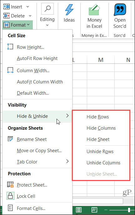 Ocultar la cinta de columnas en Excel en Windows