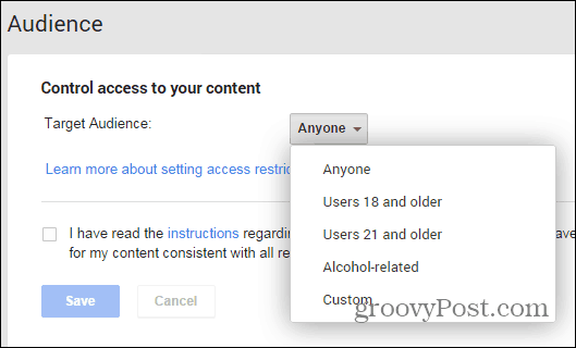 Página de configuración de restricción de publicaciones de Google+ alcohol