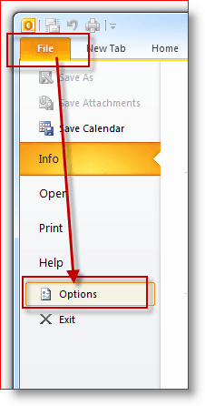 Archivo de Outlook 2010, Menú de opciones