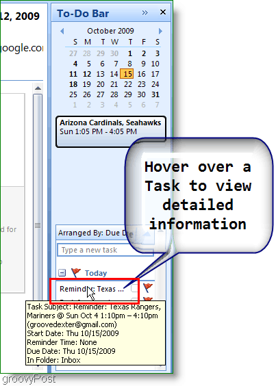 Barra de tareas pendientes de Outlook 2007: coloque el cursor sobre el elemento para obtener más detalles
