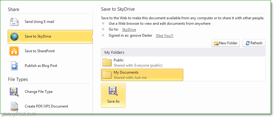 ¿Cómo guardo un archivo en el skydrive de Office 2010?
